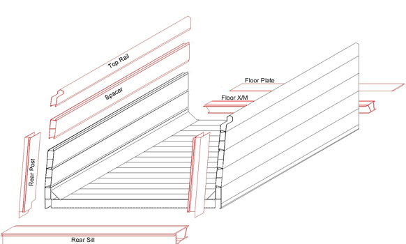 Replaceable floor, sides, sills, rear posts, top rails